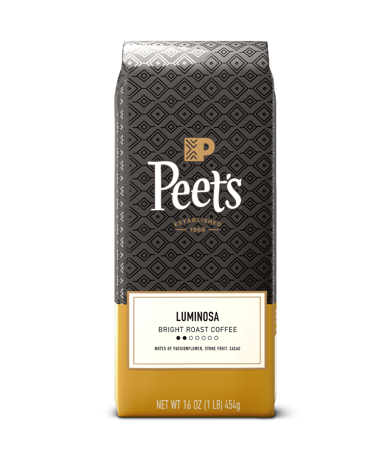 Peet's coffee bag with black and yellow design on a green background
